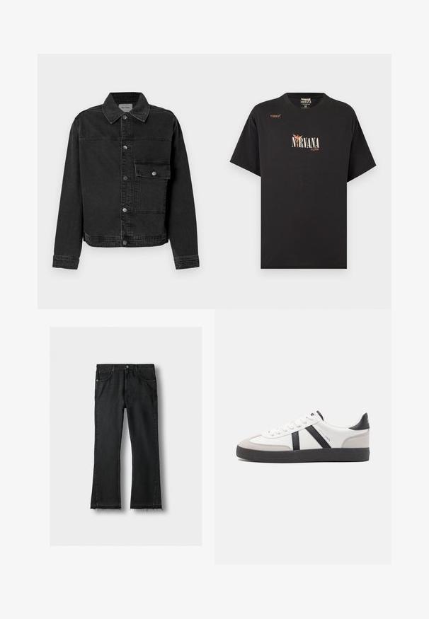 Zwarte denimjack met een knoopsluiting aan de voorkant, borstzak en klassieke kraag. Bevat zichtbare stiksels en een gestructureerde stof.; Zwart korte mouwen Nirvana T-shirt met de tekst "1993†" linksboven en een engelgrafiek geïntegreerd in de tekst "NIRVANA" op de borst.; Zwarte spijkerbroek met rechte broekspijpen, voorzakken en ruwe, rafelige zoom, plat gelegd op een lichte achtergrond.; Witte sneaker met zwarte en grijze accenten, voorzien van een grijze neus met textuur, zwarte rubberen zool en platte witte veters. Schoon ontwerp, minimalistische stijl.