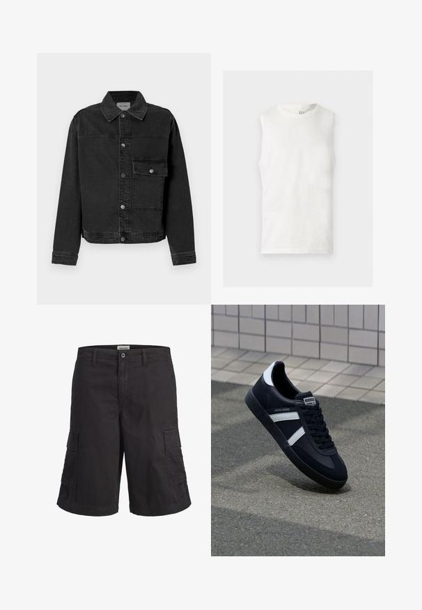 Veste en denim noir avec un bouton frontal, une poche poitrine et un col classique. Présente des coutures visibles et un tissu texturé.; Débardeur blanc sans manches à col rond avec un petit logo GAP à l'intérieur du col arrière, posé à plat sur un fond clair.; Short cargo noir avec passants de ceinture, fermeture à bouton et zip, et deux grandes poches latérales, présenté sur un fond blanc.; Sneaker en cuir noir avec des rayures blanches, semelle en caoutchouc texturée et devant à lacets. Présente une étiquette de marque sur la languette.