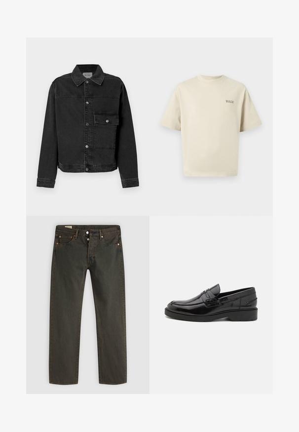 Veste en denim noir avec un bouton frontal, une poche poitrine et un col classique. Présente des coutures visibles et un tissu texturé.; T-shirt en coton beige à manches courtes, avec un col arrondi et un petit logo "SELECTED" sur la poitrine gauche. Texture lisse.; Jean en denim vert foncé, avec une coupe droite, cinq poches, des éléments en métal cuivre et un léger délavage.; Mocassins en cuir noir avec une finition lisse, un bout rond, un petit talon et descoutures décoratives à l'avant. Semelle en caoutchouc pour l'adhérence.