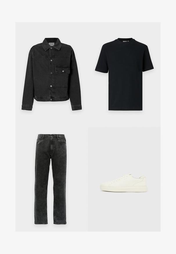 Schwarze Denimjacke mit durchgehender Knopfleiste, einer Brusttasche und klassischem Kragen. Verfügt über sichtbare Nähte und strukturierten Stoff.; Schwarzes, kurzärmeliges, geripptes Strick-T-Shirt mit Rundhalsausschnitt und einem kleinen, sichtbaren Etikett im Krageninnenteil.; Schwarze Denim-Jeans mit geradem Schnitt, fünf Taschen, Knopfverschluss und dezentem Verblassen des Stoffs.; Weißer Sneaker in niedriger Ausführung mit Schnürverschluss, glattem Lederobermaterial und dicker Gummisohle, von der Außenseite vor einem einfarbigen Hintergrund gezeigt.