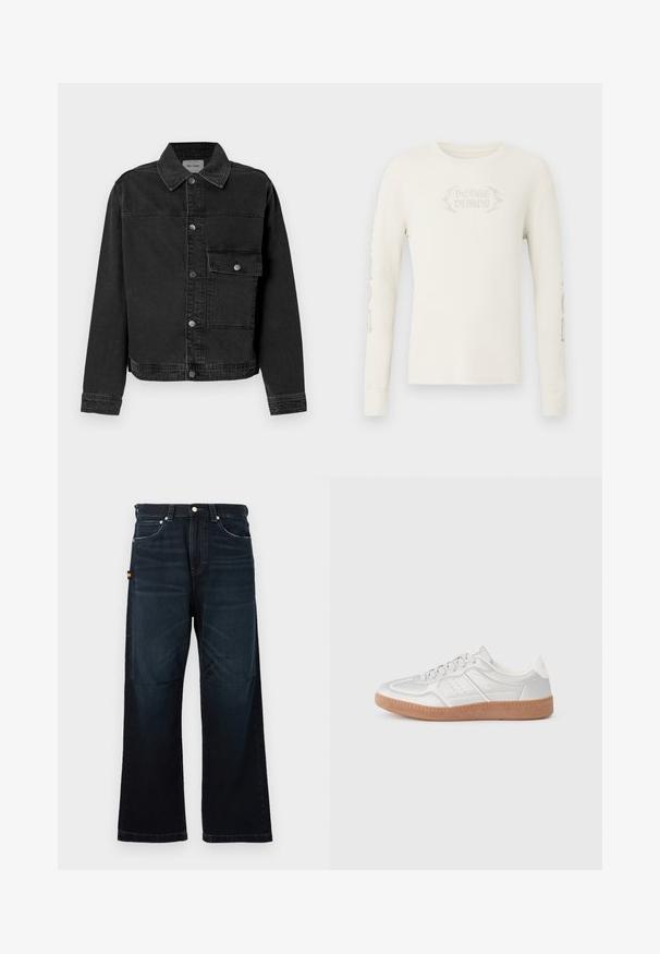 Zwarte denimjack met een knoopsluiting aan de voorkant, borstzak en klassieke kraag. Bevat zichtbare stiksels en een gestructureerde stof.; Crèmekleurig geribd T-shirt met lange mouwen, met "DODGE DEMON" geborduurd op de voorkant en afbeeldingen gedrukt op de rechter mouw. Zachte textuur.; Donkerblauwe broek met rechte pijpen, klassieke vijf-pocket ontwerp, riemlussen en subtiele vervaging bij de voorkant en knieën.; Zilveren sneakers met een gladde textuur, vetersluiting, geperforeerde accenten en een gestructureerde bruine rubberen zool.