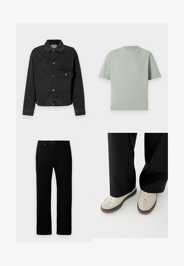 Veste en denim noir avec un bouton frontal, une poche poitrine et un col classique. Présente des coutures visibles et un tissu texturé.; T-shirt uni vert clair à manches courtes avec col rond et ourlet droit, présenté à plat sur un fond blanc.; Jean en denim noir avec une coupe droite, cinq poches, fermeture à bouton sur le devant et détails de couture subtils.; Pieds portant des baskets beige avec des semelles marron et un pantalon noir à jambes larges sur fond blanc.