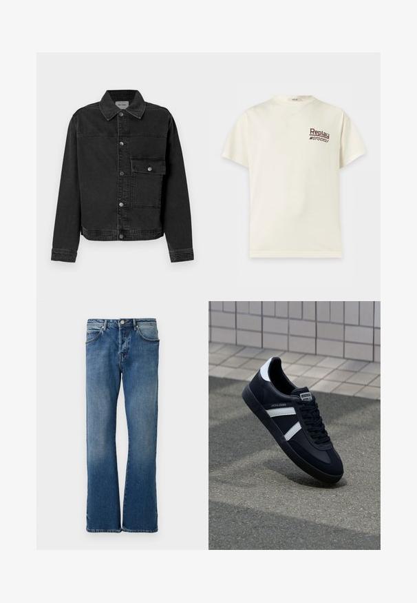 Zwarte denimjack met een knoopsluiting aan de voorkant, borstzak en klassieke kraag. Bevat zichtbare stiksels en een gestructureerde stof.; Roomkleurig T-shirt met korte mouwen en een ronde hals met "Replay Motocicli" gedrukt in kleine donkere letters op de linkerborst.; Lichtblauwe denim jeans met een rechte pijpontwerp, voorzien van vijf zakken, een knoopsluiting en subtiele vervagingen op de stof.; Zwarte leren sneaker met witte strepen, een gestructureerde rubberen zool en vetersluiting aan de voorkant. Voorzien van een merklabel op de tong.