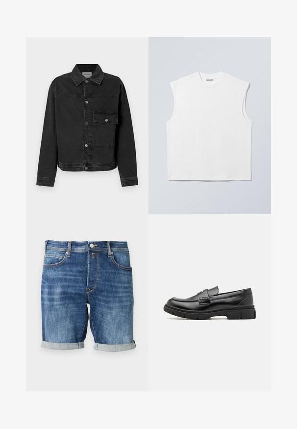 Veste en denim noir avec un bouton frontal, une poche poitrine et un col classique. Présente des coutures visibles et un tissu texturé.; Haut blanc sans manches en coton à col rond avec épaules structurées, marqué "WEEKDAY" sur l'étiquette du col, présenté sur un fond gris clair.; Short en jean d'un bleu moyen, présentant un design classique avec un revers roulé à l'ourlet, des coutures contrastantes et des poches avant.; Mocassin en cuir noir avec une large sangle sur le devant, semelle en caoutchouc à épaisse rainure, et texture lisse. Design classique et élégant.