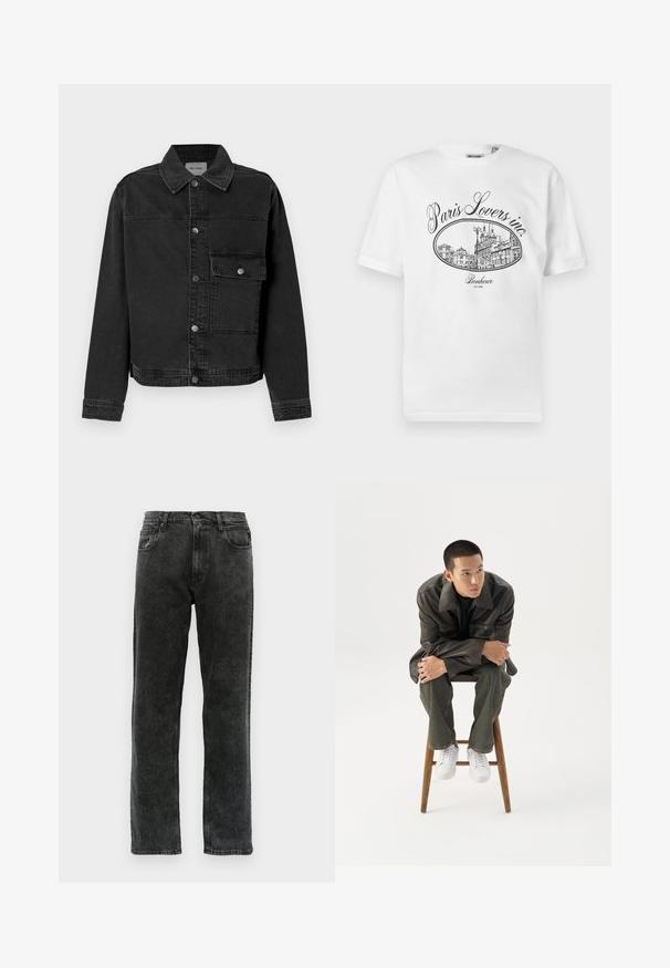 Zwarte denimjack met een knoopsluiting aan de voorkant, borstzak en klassieke kraag. Bevat zichtbare stiksels en een gestructureerde stof.; Witte katoenen T-shirt met een zwarte illustratieve print van een Parijs stadsgezicht en de tekst "Paris Lovers inc." en "Bonheur EST.1992."; Zwarte denim jeans met een rechte pijp, voorzien van vijf zakken, een knoopsluiting en subtiele vervaging langs de stof.; Jonge man in een donkere leren jas en spijkerbroek zit op een houten kruk, leunt naar voren met gekruiste armen en kijkt naar de zijkant tegen een witte achtergrond.