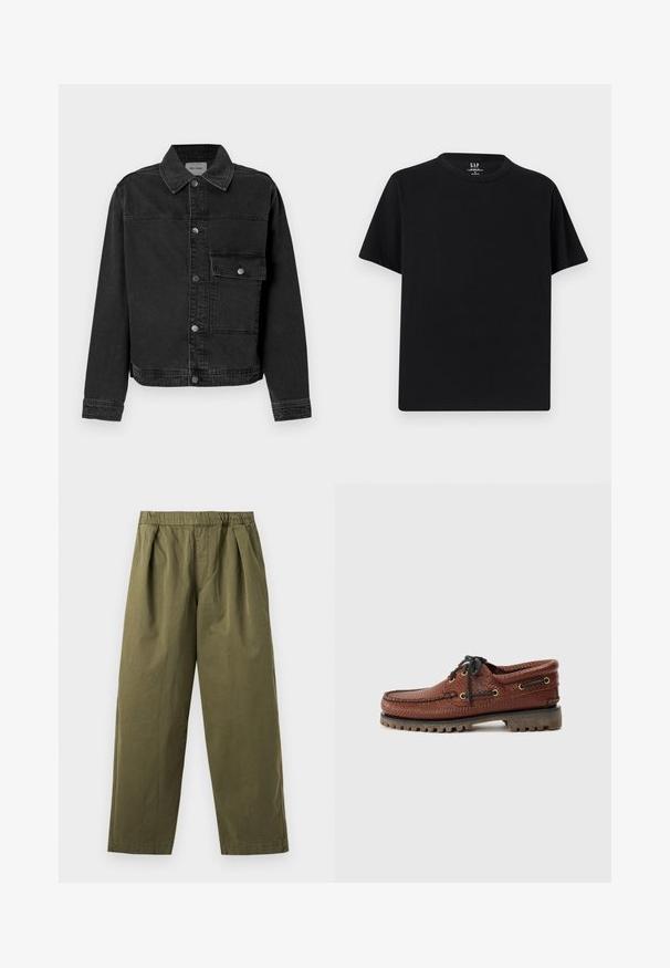 Sort denimjakke med knaplukning fortil, brystlomme og klassisk krave. Har synlige stikninger og struktureret stof.; Sort T-shirt med korte ærmer og rund hals, med lige kant, vist fladt mod en lys grå baggrund.; Olivengrønne bukser med vidde ben, elastisk talje og forreste læg, vist mod en lys baggrund.; Brune læder bådsko med struktureret overdel, sorte snørebånd og gyldne øjer. Har en holdbar, rillede gummisål.