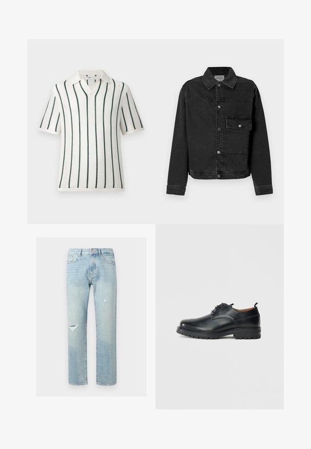 Veste en denim noir avec un bouton frontal, une poche poitrine et un col classique. Présente des coutures visibles et un tissu texturé.; Polo en maille blanche à manches courtes avec des rayures verticales vert foncé et un col doux, présenté sur un fond uni clair.; Jean en denim bleu clair, coupe droite, taille haute, avec fermeture par bouton et zip, poches avant et arrière, et détails usés sur la jambe gauche.; Chaussures derby en cuir noir avec une texture lisse, bout rond, design à lacets et une semelle en caoutchouc épaisse et robuste.
