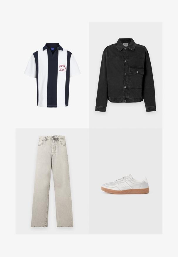 Veste en denim noir avec un bouton frontal, une poche poitrine et un col classique. Présente des coutures visibles et un tissu texturé.; Polo à manches courtes avec de larges rayures verticales bleu marine et blanches, col bleu marine, et broderie de texte rouge sur la poitrine gauche.; Jean denim gris clair taille haute à jambes droites avec poches avant, passants pour ceinture, fermeture par bouton et zip.; Baskets argentées avec une texture lisse, un design à lacets, des accents perforés et une semelle en caoutchouc marron texturé.