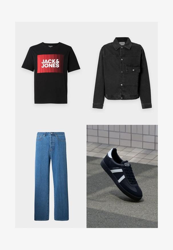 Schwarze Denimjacke mit durchgehender Knopfleiste, einer Brusttasche und klassischem Kragen. Verfügt über sichtbare Nähte und strukturierten Stoff.; Schwarzes T-Shirt mit kurzen Ärmeln, das ein rotes rechteckiges grafisches Design mit vertikalen Linien und dem Text "JACK & JONES" in Weiß zeigt.; Hellblaue Jeans aus Denim mit geradem Schnitt. Verfügt über fünf Taschen, einen Knopfverschluss und minimale Nähdetails.; Schwarze Leder-Sneaker mit weißen Streifen, strukturiertem Gummisohle und Schnürung. Verfügt über ein Markenetikett auf der Zunge.