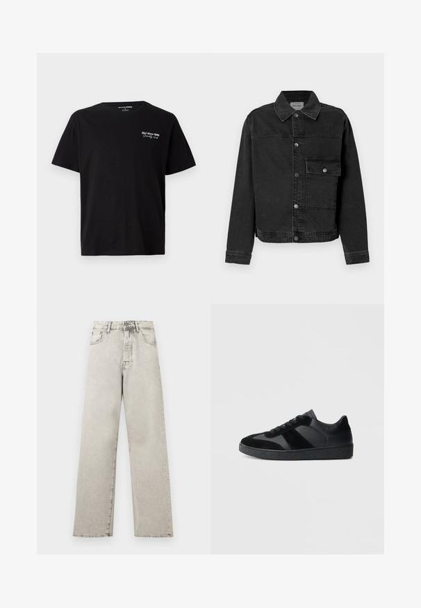Zwarte denimjack met een knoopsluiting aan de voorkant, borstzak en klassieke kraag. Bevat zichtbare stiksels en een gestructureerde stof.; Zwarte katoenen T-shirt met korte mouwen en witte tekst "J&J since 1990 Society Club" op de bovenste linkerborst en een ronde hals.; Lichtgrijze denim jeans met hoge taille, rechte pijpen, voorzakken, riemlussen en een knoop- en ritssluiting.; Zwarte sneakers met een mix van glad leer en suède, een gestructureerde zwarte rubberen zool en subtiele streepdetails.