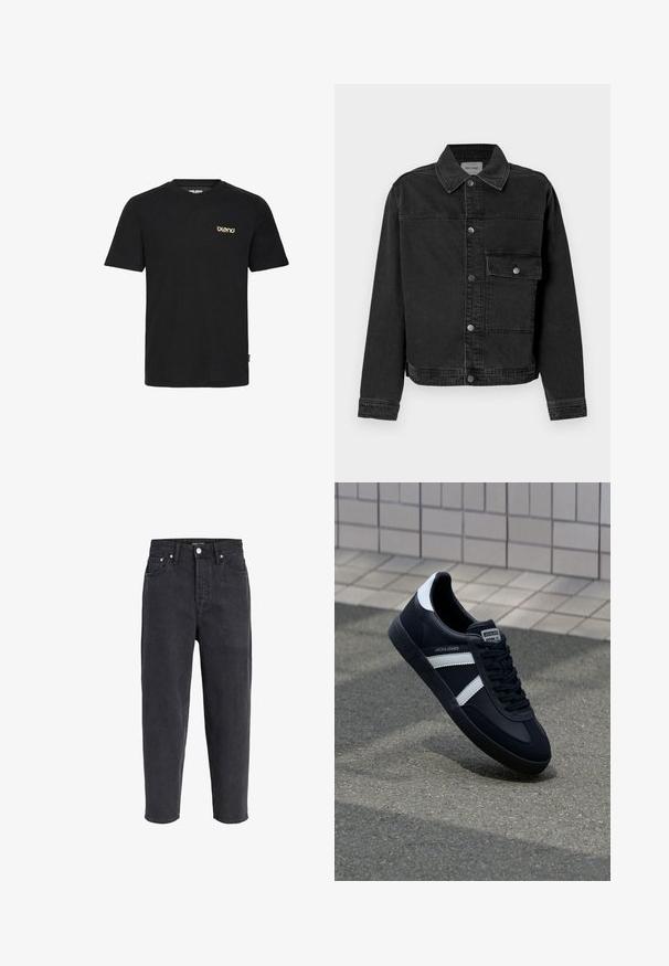Veste en denim noir avec un bouton frontal, une poche poitrine et un col classique. Présente des coutures visibles et un tissu texturé.; T-shirt en coton noir à manches courtes, col en V, avec un logo discret de couleur brun clair sur le côté gauche de la poitrine. Texture douce, coupe classique.; Jean noir taille haute à jambes droites, fermeture par bouton et zip, poches avant et poche monnaie, passants pour ceinture.; Sneaker en cuir noir avec des rayures blanches, semelle en caoutchouc texturée et devant à lacets. Présente une étiquette de marque sur la languette.