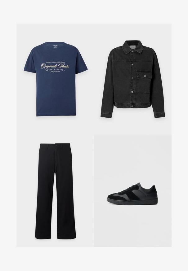 Sort denimjakke med knaplukning fortil, brystlomme og klassisk krave. Har synlige stikninger og struktureret stof.; Marineblå bomulds T-shirt med korte ærmer, prydet med hvid tekst, der siger "Tøj lavet til Everyday Originals Studio Artist District."; Sorte vidde bukser med knapper foran og bæltestropper, vist fladt mod en lys baggrund.; Sorte sneakers med en kombination af glat læder og ruskind, med en tekstureret sort gummisål og subtil stripingdetalje.