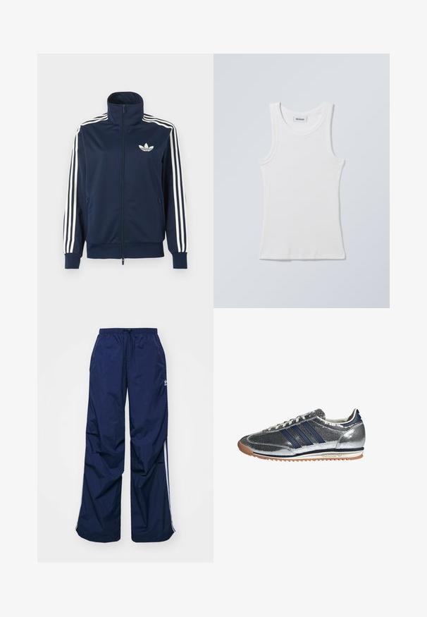 Marineblå sportjakke med lynlås, med hvide tre-stribe detaljer på ærmerne og et hvidt trefoil-logo på venstre bryst.; Hvid bomulds tanktop med rund halsudskæring og brede skulderstropper. Har ribstrikket tekstur og lige kant forneden. Mærke vist ved halsudskæringen.; Marineblå, letvægtsbukser med elastik i taljen og snøre, med hvide sidelister og et lille logo foran. Løs pasform.; Sølv syntetisk sneakers med marineblå striber, rund tå, hvidt foer og gummisko. Har tekstureret overdel og snøring.