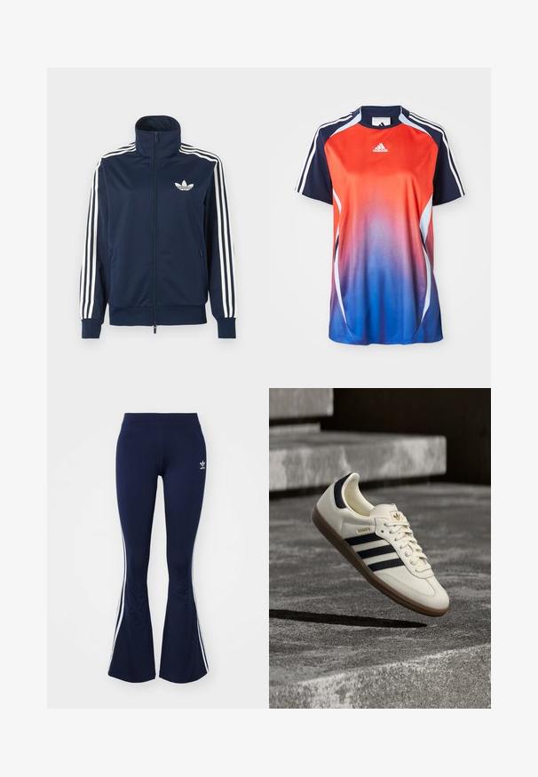 Marineblå sportjakke med lynlås, med hvide tre-stribe detaljer på ærmerne og et hvidt trefoil-logo på venstre bryst.; Adidas kortærmet sports T-shirt med en gradient fra rød til blå, med marineblå akcenter og hvide striber langs skuldrene.; Marineblå buksestykker med klokkeform, lavet af strækbar stof, med hvide side-striber og et lille logo på forsiden. Glat tekstur hele vejen igennem.; Hvid Adidas Samba sneaker med sorte striber og gummsål, svævende over teksturerede grå betonstrin.
