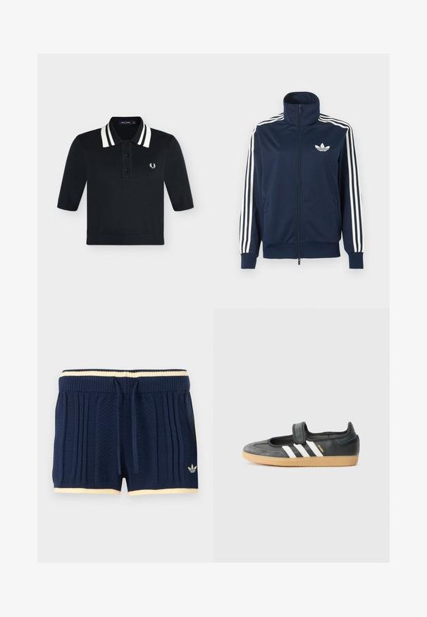 Veste de sport à fermeture éclair bleu marine avec détails à trois bandes blanches sur les manches et un logo trèfle blanc sur la poitrine gauche.; Polo noir à manches courtes avec double rayures blanches sur le col et petit logo laurier blanc sur la poitrine gauche.; Shorts en maille bleu marine avec texture côtelée, bordure crème à la taille et à l'ourlet, cordon de serrage à l'avant, et logo Adidas sur la jambe gauche.; Sneaker en cuir noir et suède avec une sangle Velcro, arborant trois bandes blanches et une semelle en caoutchouc, étiqueté "SAMBA" sur le côté.