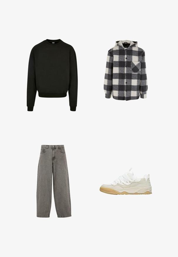 Hætte-shirt i sort og hvid plaid; har knapper, en brystlomme og lange ærmer; lavet af blødt, tekstureret stof.; Sort crewneck sweatshirt lavet af bomuldsblandingsstof, med lange ærmer og ribkanter ved ærmer og nederkant. Simpelt, ensfarvet design.; Grå denim bukser med høj talje, brede ben, klassisk fem-lomme design og knaplukning foran. Let struktureret finish.; Hvide sneakers med en overdel i blandede materialer med mesh og ruskindsstrukturer, gummisål og elastiske snørebånd for en sikker pasform.