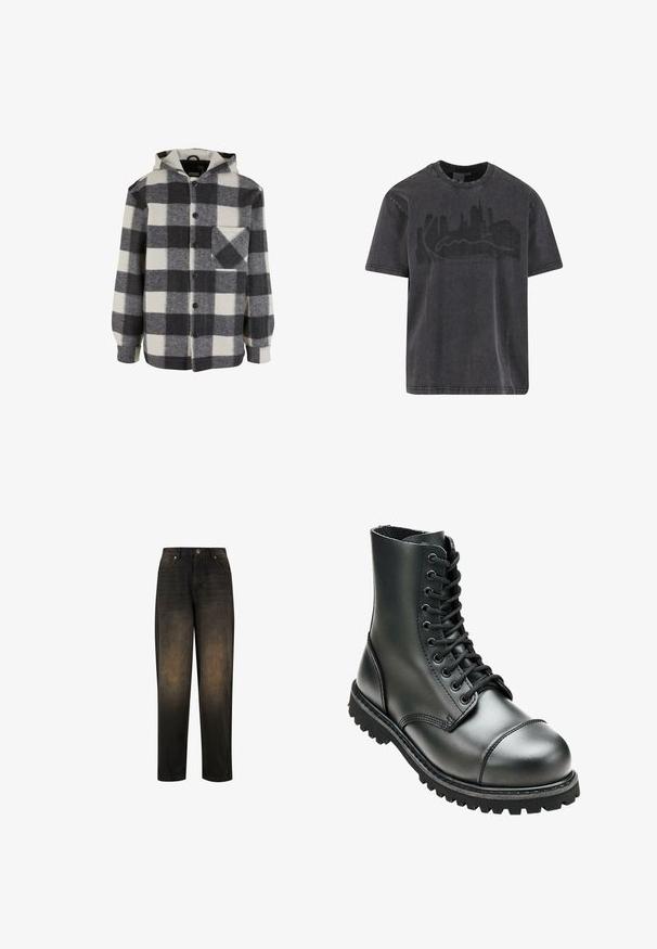 Hætte-shirt i sort og hvid plaid; har knapper, en brystlomme og lange ærmer; lavet af blødt, tekstureret stof.; Sort bomuld t-shirt med rund hals og korte ærmer, med et slidt skyline-motiv i mørkegrå henover brystet.; Mørk denim jeans med en let falmet finish, der har lige ben, fem lomme-design og metalknap lukning.; Sort læderkampstøvle med høj ankel, rund tå, snørebånd foran og robust gummisål med dybe mønstre for godt greb.