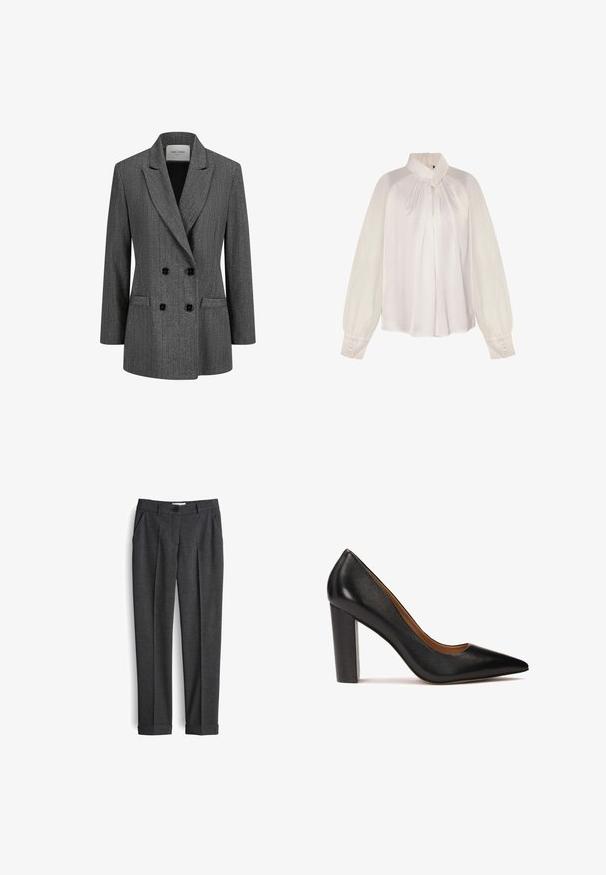 Grijs dubbelzijdig blazer van een gestructureerde stof, met opstaande revers en twee voorzakken; voorzien van zwarte knopen voor sluiting.; Witte satijnen blouse met een geplooide voorkant, hoge kraag en lange doorzichtige mouwen. Voorzien van knopenmanchetten en een ritssluiting aan de achterkant.; Grijze, gestructureerde broek met een tailored ontwerp, voorzien van voorplooien, ceintuurlussen en een enkele knoopsluiting bij de taille.; Zwarte leren hoge hakpomp met een spitse neus, textuurafwerking en een chunky blokhak. Eenvoudig ontwerp met een gladde binnenvoering.