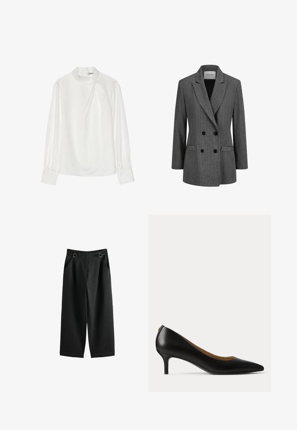 Veste gray à double boutonnage en tissu texturé, avec un col cranté et deux poches avant ; équipée de boutons noirs pour la fermeture.; Blouse blanche avec un col montant, des manches longues bouffantes et une fermeture éclair au dos. Tissu lisse avec un léger éclat et une drapé subtile.; Pantalon noir à jambes larges avec poches avant et bretelles latérales réglables avec boucle à la taille sur fond blanc.; Escarpin en cuir noir à bout pointu, talon bas « kitten » et finition lisse, présenté de profil sur un fond clair uni.