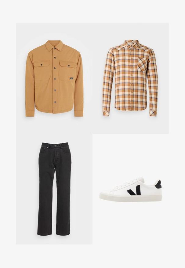 Beige colbert met een rechtopstaande kraag, twee borstzakken en zwarte drukknoopjes. Gladde textuur en afgeronde onderkant.; Geverfde overhemd in bruin, crème en blauw, met een button-down kraag, lange mouwen en een borstzak met een diagonale snit.; Zwarte denim jeans met een rechtzijdig ontwerp, voorzien van een voorste knoopsluiting, riemlussen en twee zijzakken. Gestructureerde stof.; Witte leren sneaker met zwarte suède accenten; voorzien van een rubberen zool, ronde neus en een klassieke vetersluiting. Zijkant met logo in het zwart.