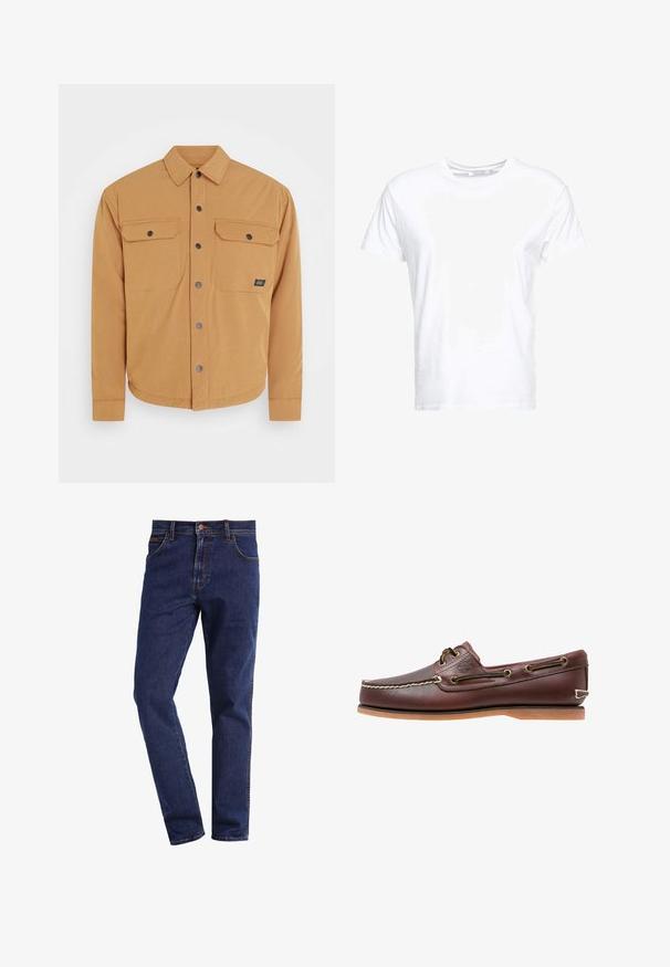 Beige Button-Down-Jacke mit geradem Kragen, zwei Brusttaschen und schwarzen Druckknöpfen. Glatte Textur und abgerundeter Saum am unteren Ende.; Weißes Baumwoll-T-Shirt mit rundem Ausschnitt und kurzen Ärmeln, im klassischen Schnitt und mit glatter Textur. Keine sichtbaren Muster oder Hardware.; Dunkelblaue gerade geschnittene Denim-Jeans mit Vordertaschen, Knopfverschluss, Gürtelschlaufen und sichtbaren Nähten.; Brauner Leder-Bootsschuh mit weißen Nähten, Schnürdetails und hellbrauner Gummisohle, seitlich auf weißem Hintergrund gezeigt.