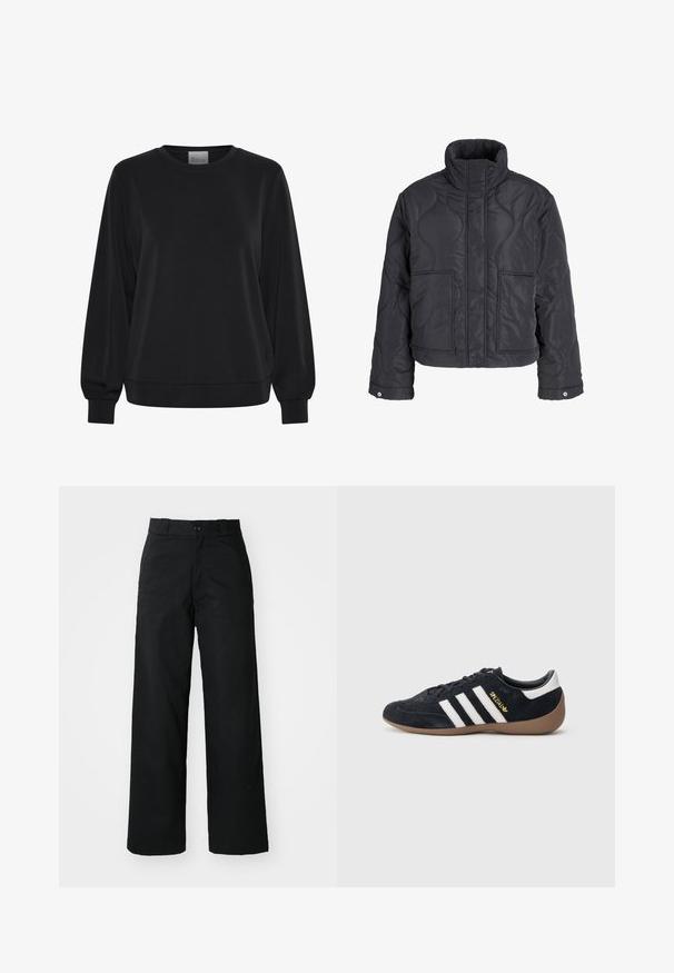 Sort quiltet jakke med høj krave, forlommer, lange ærmer og trykknapper på manchetterne, vist på ensfarvet hvid baggrund.; Sort sweatshirt med lange ærmer, rund hals og ribbede manchetter. Har en glat tekstur og et diskret logo-detalje på fronten.; Sorte vide bukser med flad front, knaplukning og bæltestropper. Fremstillet af holdbart stof med en glat tekstur.; Sort ruskindssneaker med tre hvide striber, gummisål og et lille gyldent logo på siden. Har en glat sort foring indvendigt.