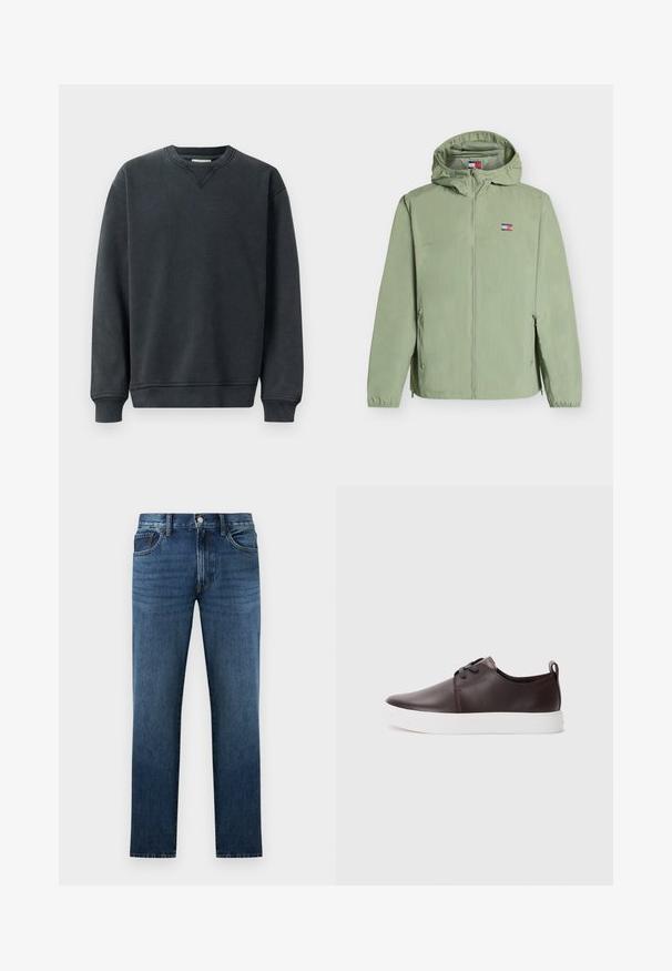 Lysegrøn hættejakke med frontlynlås, sidelommer med lynlås, elastiske ærmegab og lille Tommy Hilfiger-logo på brystet.; Mørkegrå sweatshirt med rund hals, lange ærmer, ribbede manchetter og en glat tekstur. Har en diskret V-syning ved halsudskæringen.; Mørkeblå straight-leg denimjeans med frontknap og lynlås, for- og baglommer, vist på hvid baggrund.; Brune lædersneakers med en glat overflade, hvid gummisål, rund tæer og snøredesign. Indeholder en løkke i hælen.