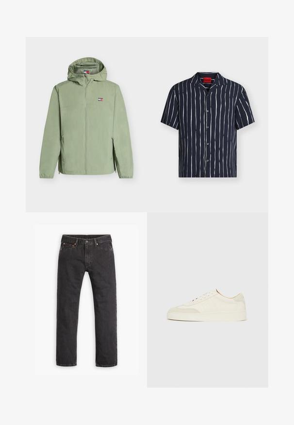 Veste coupe-vent verte claire à capuche avec fermeture éclair avant, poches latérales zippées, poignets élastiques et petit logo Tommy Hilfiger sur la poitrine.; Chemise bleu marine manches courtes à boutons avec des rayures verticales blanches irrégulières et une étiquette rouge HUGO à l'intérieur du col.; Jeans en denim noirs à jambes droites avec cinq poches, fermeture à bouton et rivets cuivrés, posés à plat sur un fond blanc.; Baskets en daim blanc à finition lisse, embout rond, design lacé plat, avec des accents texturés contrastants. Comprend un détail de logo subtil.