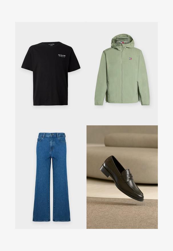 Svetlozelená vetrovka s kapucňou, predným zipsom, bočnými vreckami so zipsom, elastickými manžetami a malým logom Tommy Hilfiger na hrudi.; Čierne bavlnené tričko s krátkym rukávom s bielym textom "J&J since 1990 Society Club" na hornej ľavej hrudi a okrúhlym výstrihom.; Džínsy s širokými nohavicami v modrom denime. Majú klasický dizajn s piatimi vreckami, zapínanie na gombík a vyblednutú textúru. Rovný lem s jemnými švovými detailmi.; Čierna kožená mokasína plávajúca nad béžovým kobercem s béžovou pohovkou v pozadí, predstavujúca klasický pánsky dizajn na nazúvanie.