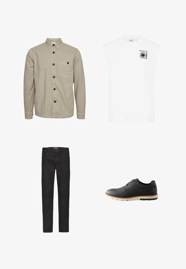 Beige Hemd mit Knopfverschluss aus strapazierfähigem Stoff, featuring einen Kentkragen, schwarze Knöpfe und eine einzelne Brusttasche. Glatte Textur, lange Ärmel.; Weißes ärmelloses T-Shirt aus Baumwolle. Hat einen schwarzen Grafi kendruck mit "UNLIMITED SUMMER" und einem Sonnendesign auf der Vorderseite.; Schwarze Denim-Jeans mit geradem Schnitt. Zu den Merkmalen gehören fünf Taschen, ein Knopfverschluss und dezente Nähte entlang der Säume.; Schwarzer Herren-Schnürschuh aus Leder mit beiger Sohle und schwarzer Laufsohle, Seitenansicht vor weißem Hintergrund.