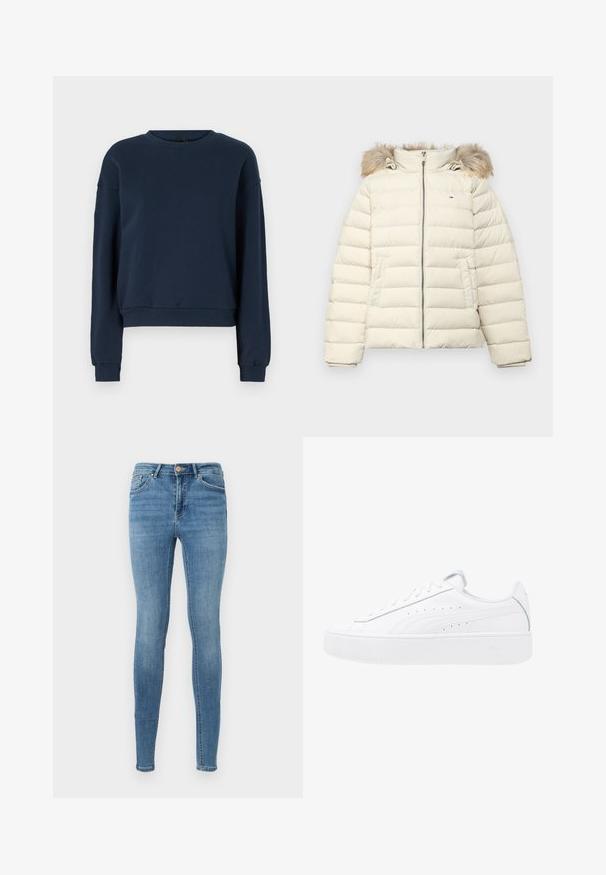 Elfenbeinfarbene Pufferjacke mit einer Kapuze aus Kunstpelz, Reißverschluss, horizontaler Steppung und Seitentaschen. Weicher Stoff und isolierte Passform.; Marineblaue Sweatshirt aus weichem Material, mit rundem Ausschnitt, langen Ärmeln und gerippten Bündchen und Saum. Einfaches Design ohne Verzierungen.; Blaue High-Waist Skinny Jeans mit vorderen Taschen, Gürtelschlaufen, Knopfverschluss und dezentem Verblassen an Oberschenkeln und Knien.; Weiße Plattform-Sneaker mit Obermaterial aus Leder, runder Zehenform und Schnürverschluss. Verfügt über seitliche Perforationen und dezentes Branding an der Ferse.