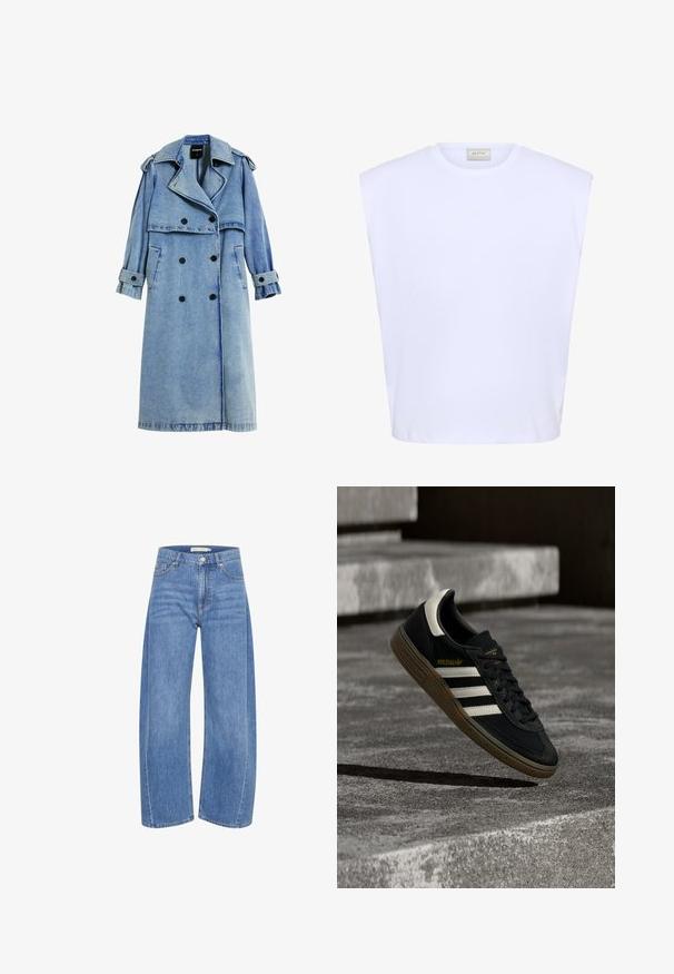 Lichte blauwe denim trenchcoat met een dubbelzijdige zwarte knoopsluiting, brede revers en opgerolde mouwen. Bevat zijzakken.; Witte mouwloze top met gestructureerde schouders, ronde halslijn en subtiel reliëflogo middenvoor.; Lichtblauwe denim wijde broek met hoge taille, voorzien van een knoop en ritssluiting, vijf zakken en subtiele vervagingsdetails.; Zwarte Adidas sneaker met witte strepen en gumzool die boven grijze betonnen trappen zweeft in natuurlijk licht.