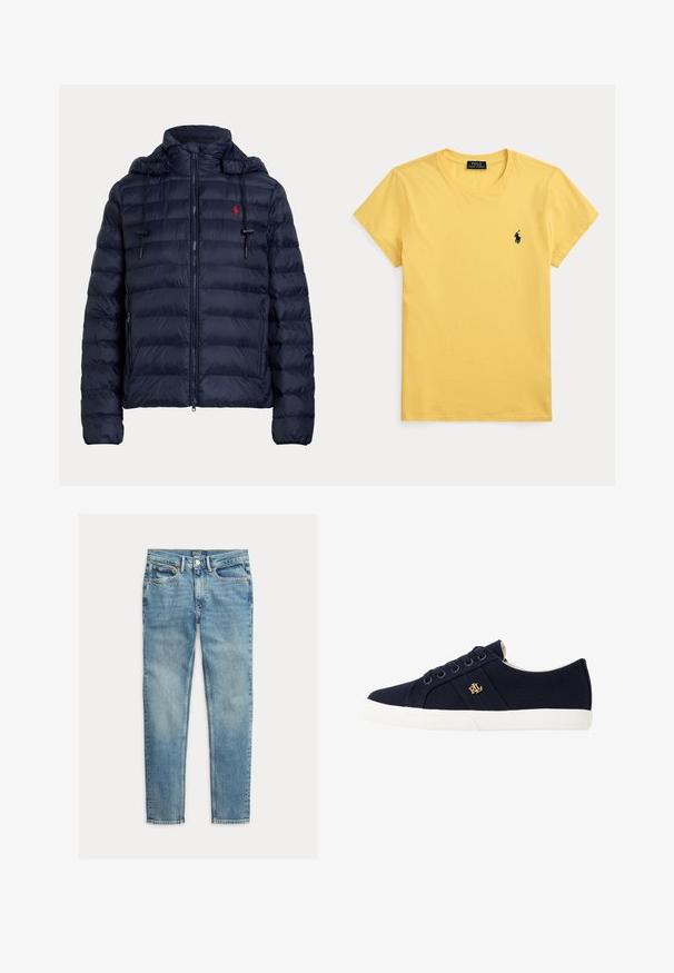 Mørkeblå quiltet dunjakke med hætte, lynlås foran, sidelommer og rødt broderet logo på venstre bryst.; Gul T-shirt med korte ærmer, rund hals og lille mørkeblå Polo Ralph Lauren-logo på venstre bryst.; Lyseblå slim-fit jeans med fem lommer og knaplukning, lagt fladt på en hvid baggrund.; Lauren Ralph Lauren JANSON II CANVAS SNEAKER - Sneakers - navy