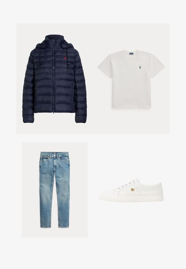 Marineblaue gesteppte Steppjacke mit Kapuze, Frontreißverschluss, Seitentaschen und rotem Sticklogo auf der linken Brust.; Weißes T-Shirt mit kurzen Ärmeln und Rundhalsausschnitt mit einem kleinen dunkelblauen Polo-Spieler-Logo auf der linken Brust.; Hellblaue Slim-Fit-Jeans mit fünf Taschen und Knopfverschluss, flach auf weißem Hintergrund liegend.; Lauren Ralph Lauren JANSON II CANVAS SNEAKER - Sneaker low - optic white