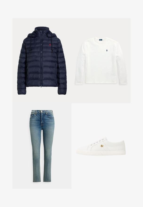 Marineblaue gesteppte Steppjacke mit Kapuze, Frontreißverschluss, Seitentaschen und rotem Sticklogo auf der linken Brust.; Weißes Langarmshirt mit Rundhalsausschnitt und kleinem dunkelblauen bestickten Pferd-und-Reiter-Logo auf der linken Brust.; Hellblaue Jeans mit geradem Bein, ausgestattet mit Knopfverschluss, Fronttaschen und einer dezenten ausgewaschenen Textur. Hochwertiges Denim-Material.; Lauren Ralph Lauren JANSON II CANVAS SNEAKER - Sneaker low - optic white