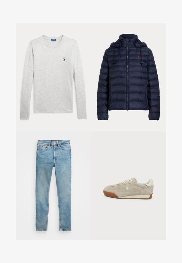 Chaqueta acolchada azul marino con capucha, cremallera frontal, bolsillos laterales y logo bordado en rojo en el pecho izquierdo.; Camisa de manga larga gris clara con cuello redondo y pequeño logotipo de Polo Ralph Lauren en azul marino bordado en el pecho izquierdo.; Vaqueros de mezclilla azul claro, ajustados, con cinco bolsillos y cierre de botón metálico, colocados planos sobre un fondo blanco.; Zapatilla deportiva de ante beige con cordones blancos, suela de goma marrón y pequeño logo bordado en el lateral, vista desde el lado exterior.