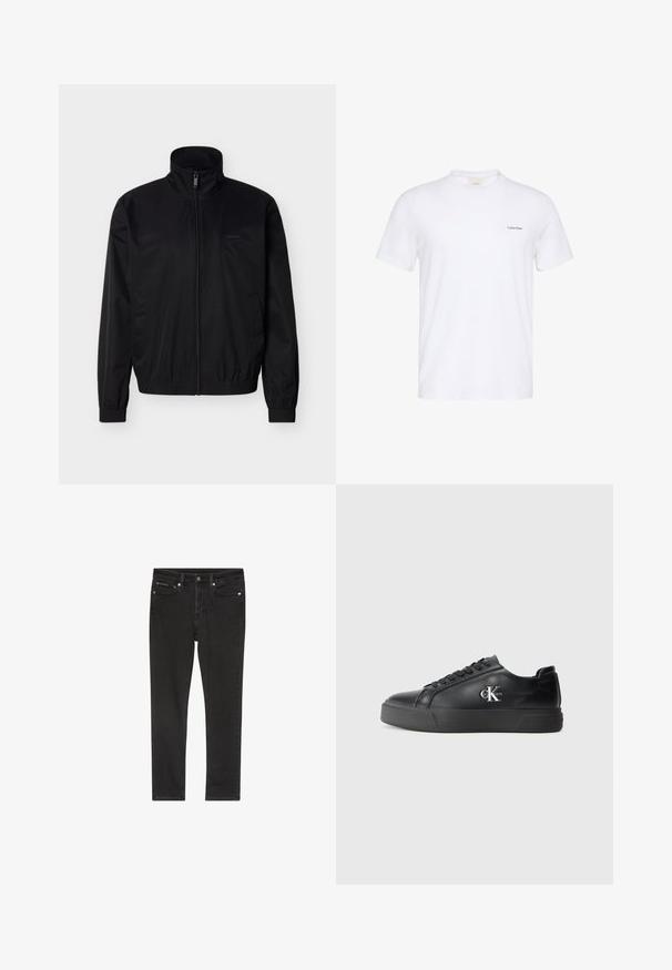 Čierna bunda na zips vyrobená z ľahkého materiálu s vysokým golierom, elastickými manžetami a lemom. Disponuje vreckami na bokoch a jemným logom.; Biele tričko s krátkym rukávom a okrúhlym výstrihom s malým čiernym logom Calvin Klein na ľavej strane hrude.; Čierne riflové nohavice s úzkym strihom, štyrmi vreckami, kovovým zapínaním na gombík a jemnými detailmi s opotrebovaním. Hladká textúra a klasický dizajn.; Čierne kožené tenisky s okrúhlou špičkou, plochou čiernou podrážkou a tonálnym šnurovaním. Ozdobené strieborným logom na boku, hladký povrch po celom obvode.