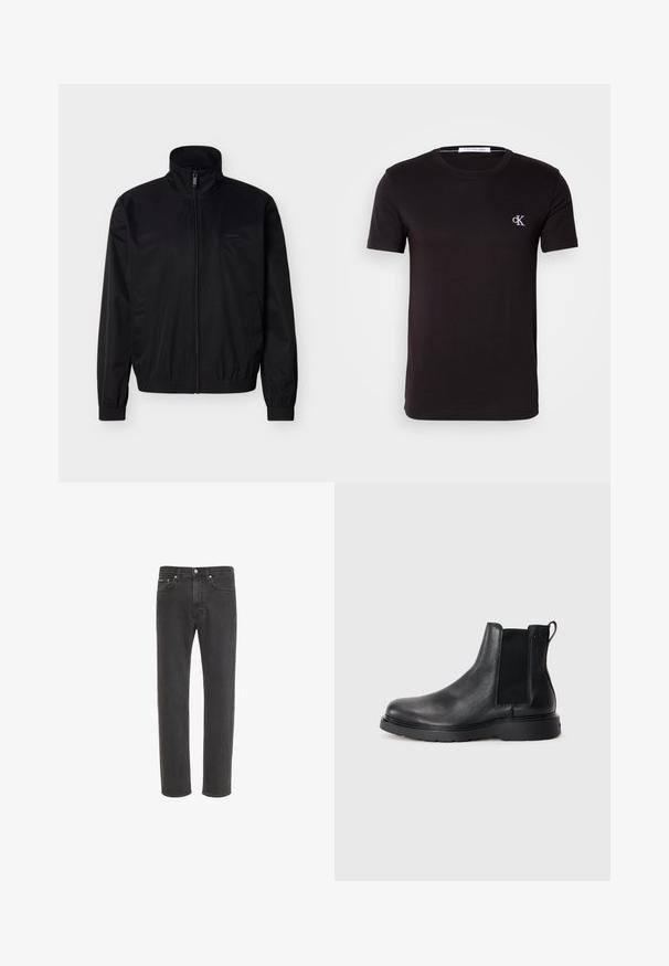 Veste zippée noire en matériau léger avec un col montant, des poignets et un ourlet élastiques. Comprend des poches latérales et un logo discret.; T-shirt noir à manches courtes col rond avec petit logo blanc "cK" sur la poitrine gauche et étiquette Calvin Klein Jeans à l'intérieur du col.; Jean en denim noir à coupe droite avec fermeture avant par bouton et zip, poches avant et arrière, présenté sur fond blanc.; Bottes Chelsea en cuir noir avec une finition texturée, des panneaux latéraux élastiques et une semelle en caoutchouc robuste. Branding subtil sur le talon.