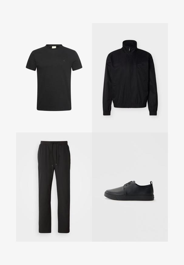 Sort lynlåsjakke lavet af let materiale med høj krave, elastiske manchetter og kant. Har sidelommer og et diskret logo.; Sort t-shirt med korte ærmer og rund halsudskæring med lille diskret "cK" logo på venstre bryst.; Sorte joggerbukser lavet af letvægtsstof, med elastisk talje med justerbare snore og sidelommer. Glat tekstur.; Sorte lædersneakers med en glat finish, rund tå, tonalt syning, snøring foran og en flad gummisål. Løkke ved hælen.