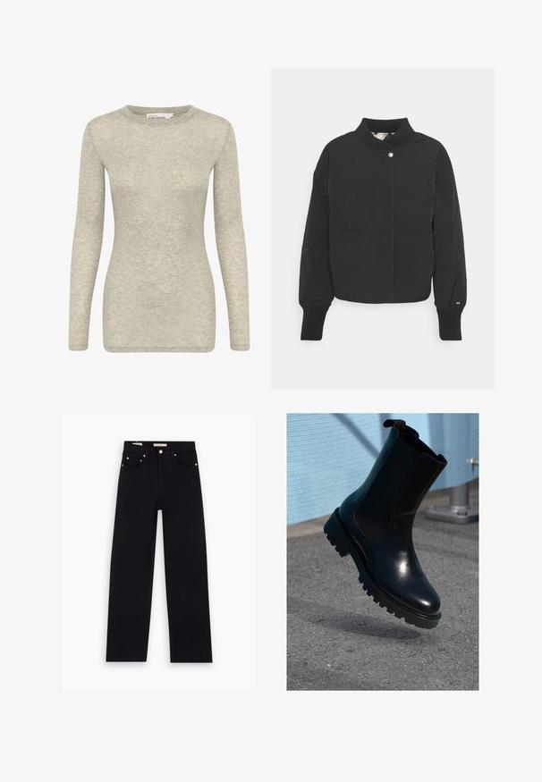 Veste noire courte avec un col montant, fermeture à pression, deux poches avant, poignets élastiques et un petit logo sur la manche.; T-shirt à manches longues en gris clair, fabriqué dans un tissu doux et texturé. Il présente un col rond et une silhouette ajustée. Conception simple et polyvalente.; Jean en denim noir avec une coupe droite, cinq poches, matériel en cuivre et texture lisse. Deux étiquettes visibles sur la taille.; Bottine en cuir noir avec panneaux élastiques sur les côtés, bout arrondi et semelle épaisse texturée. Finition lisse avec un design minimaliste.