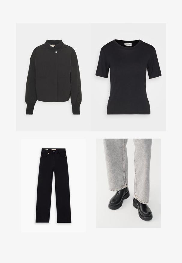 Sort cropped jakke med høj krave, snaplukning, to forlommer, elastiske manchetter og et lille logo detaljeret på ærmet.; Sort kortærmet t-shirt lavet af blødt stof, med rund halsudskæring, tætsiddende form og rene sømme, uden mønstre eller grafik.; Sorte denim jeans med lige pasform, fem lommer, kobberdetaljer og en glat tekstur. To mærker synlige på taljebåndet.; Vagabond COSMO - Plateaustøvletter - black