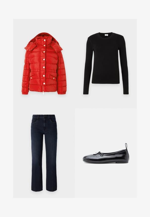 Rote wattierte Jacke mit abnehmbarem Kapuzen, Druckknöpfen, Reißverschluss und aufgesetzten Taschen vorne.; Schwarzes langärmeliges T-Shirt aus weichem, glattem Stoff. Mit rundem Halsausschnitt und taillierter Form, ohne sichtbare Muster oder Akzente.; Mother THE MID RISE RAMBLER - Jeans Straight Leg - dunkelblau; Schwarze Lackleder-Ballerinas mit runder Zehenpartie, kleinen Schleifendetails und glatter Textur; verfügen über eine flache Laufsohle und eine Zuglasche an der Ferse.