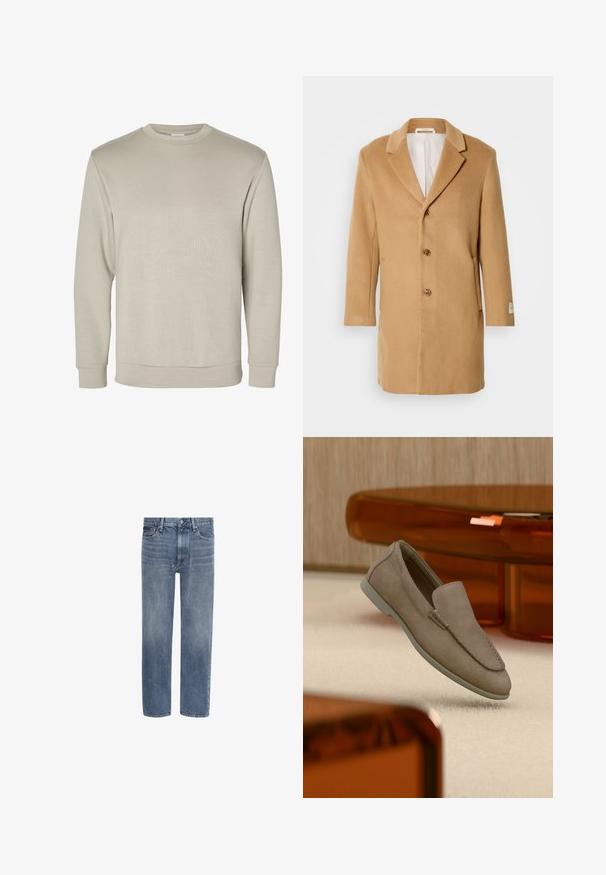 Tan wollen jas met een geknopt revers, enkele rij knopen aan de voorkant, drie knopen en zijzakken. Zachte textuur en middellange ontwerp.; Beige lange mouwen sweater met ronde hals, geribde manchetten en zoom, weergegeven op een effen witte achtergrond.; Blauwe spijkerbroek met rechte pijpen, voorzakken, riemlussen en een knoopsluiting.; Beige suède instapschoen met zichtbare stiksels en lichte zool, geplaatst bovenop een crèmekleurig tapijt, met oranje doorschijnend meubilair op de achtergrond.