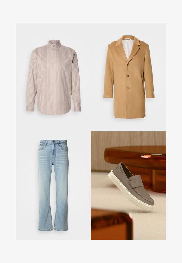 Abrigo de lana color beige con solapas con muesca, cierre de un solo botón, tres botones y bolsillos laterales. Textura suave y diseño de longitud media.; Camisa de botones de manga larga beige con rayas verticales blancas, cuello puntiagudo y un pequeño logotipo bordado en el pecho.; Jeans de mezclilla azul claro con corte recto, que cuentan con cinco bolsillos, un cierre de botón y un ligero desvanecimiento en la tela.; Zapato de ante gris sin cordones con suela blanca suspendido sobre una alfombra beige, con muebles translúcidos naranjas al fondo.