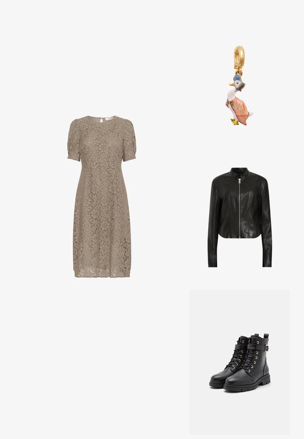AllSaints SADLER - Leren jas - black; Kanten jurk in taupe met puffmouwen, ronde hals en bloemenpatroon. Beschikt over een verborgen rits aan de achterkant en een knie-lange silhouet.; Zwarte leren enkelboots met een ronde neus, vetersluiting, gouden oogjes, een gespaccent en een chunky, gestructureerde zool.; Eendvormige bedel met gouden hardware, kleurrijke emaille details en een roze jurk met een strik, versierd met een blauwe hoed en gele voeten.