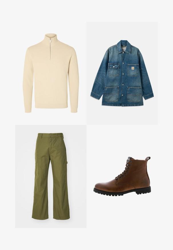Denimjakke i mellemblå, med en spredekrave, trykknapper, to brystlommer og to forlommer. Slidt struktur er synlig.; Beige striktrøje med høj ribbet krave og kort foran lynlås, med lange ærmer og ribbede manchetter og kant.; Oliven grønne bukser med bred ben, lavet af slidstærkt stof, med knaplukning, sidelommer og lige kantdesign.; Brune læder ankelstøvler med tekstureret overflade, metaløjer og sort gummisål. Har en træktab bagpå for nem påtagning.