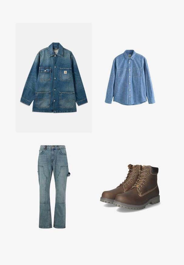 Veste en denim bleu moyen, dotée d'un col classique, de boutons-pression, de deux poches poitrine et de deux poches plaquées à l'avant. Texture usée visible.; Chemise chambray bleue à manches longues avec boutons sur le devant et deux poches poitrine, étalée à plat sur fond blanc.; Pantalons cargo en denim bleu clair avec une coupe droite, comportant plusieurs poches et une fermeture à bouton à la taille.; Bottines en cuir marron avec lacets, col rembourré, coutures contrastantes et semelle en caoutchouc robuste avec motifs de traction.