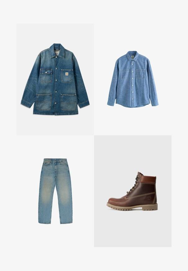 Denimjakke i mellemblå, med en spredekrave, trykknapper, to brystlommer og to forlommer. Slidt struktur er synlig.; Langærmet blå chambray-skjorte med knaplukning foran og to brystlommer, lagt fladt på en hvid baggrund.; Lyseblå lige ben jeans lavet af denim, med en falmet tekstur og en medium vask, fem lommer og lynlås.; Brun læder snørebånd ankelstøvle med polstret krave, kontrastsyning og robust sål, vist fra ydersiden på en hvid baggrund.