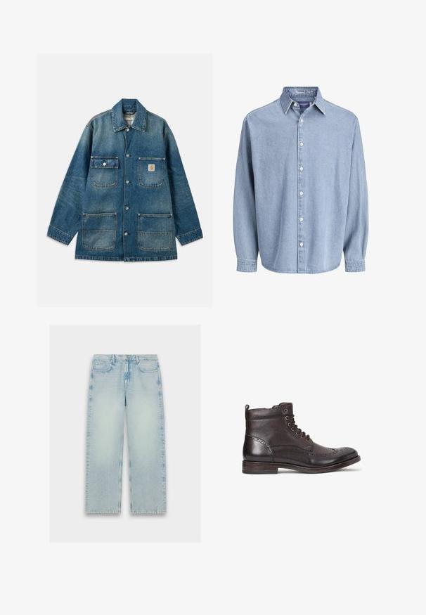 Jeansjacke in mittlerem Blau mit weitem Kragen, Druckknopfverschlüssen, zwei Brusttaschen und zwei aufgesetzten Vordertaschen. Sichtbare Used-Optik.; Himmelblaue Jeanshemd mit langen Ärmeln, Kragen und weißen Knöpfen, präsentiert vor einem schlichten weißen Hintergrund.; Helle blaue, hochtaillierte Jeans mit geradem Bein, verblasster Textur und klassischem Fünf-Taschen-Design.; Dunkelbraune Leder-Stiefelette mit Wingtipp-Design, runder Zehenpartie, subtilen Broguedetails, Metallösen und flachem Absatz. Mit Zuglasche.
