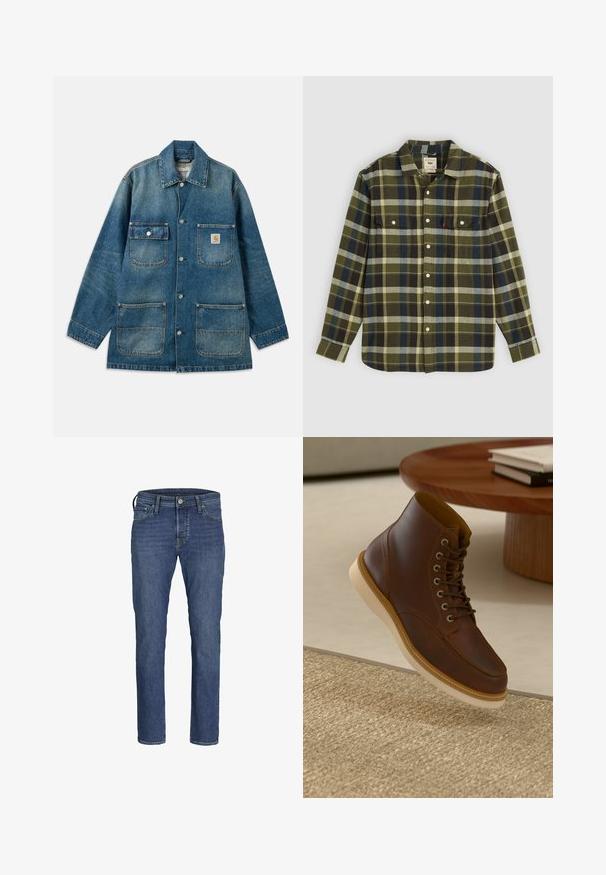 Denimjakke i mellemblå, med en spredekrave, trykknapper, to brystlommer og to forlommer. Slidt struktur er synlig.; Grønternet flannel skjorte med lange ærmer, med to brystlommer og hvide knapper. Materialet har en blød tekstur og et afslappet design.; Herre blå denim jeans med lige ben-design, fem lommers styling og klassisk knap- og lynlåslukning.; Brune læderankelstøvle med beige sål på et struktureret beige tæppe ved siden af et rundt træbord med stakke af bøger.